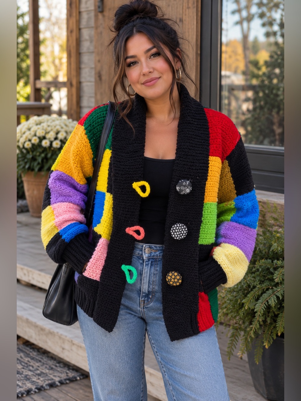 Colorblock Crochet Cardigan Sweater with Black Shawl Collar
